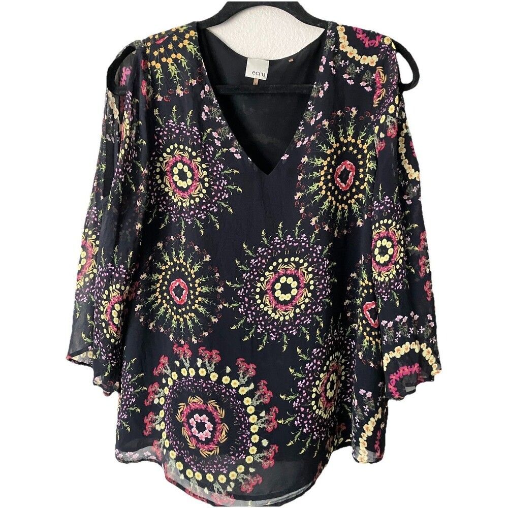 Ecru Y2K Fairy Whimsygoth Cold Shoulder Top Silk Floral V Neck Small